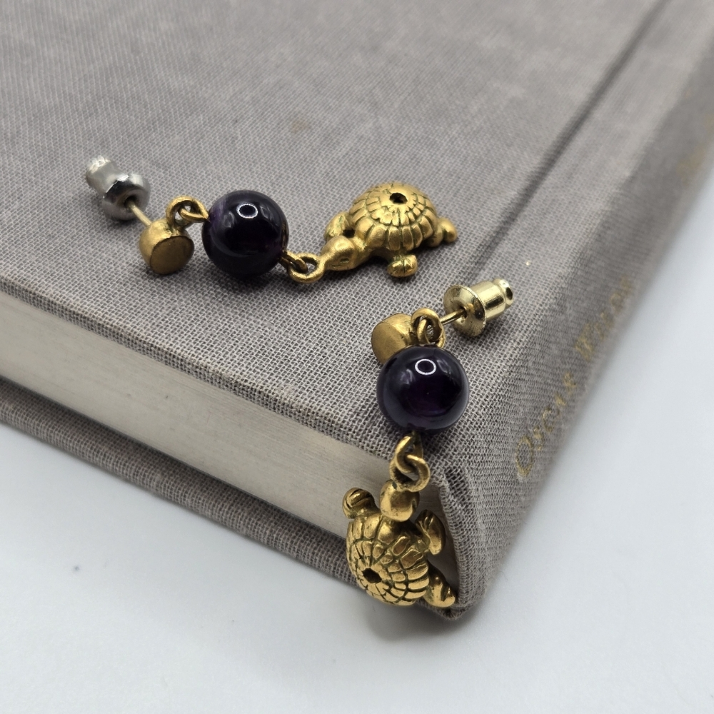 Gold Tiny Turtle Tortoise Amethyst Earrings Dangle Whimsical Reptiles Tropical